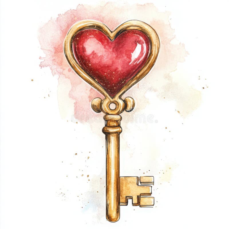 A beautifully illustrated key with a heart-shaped top, featuring a vibrant red color and golden accents against a soft watercolor background. This artwork symbolizes love and uniqueness. Key generative illustrations