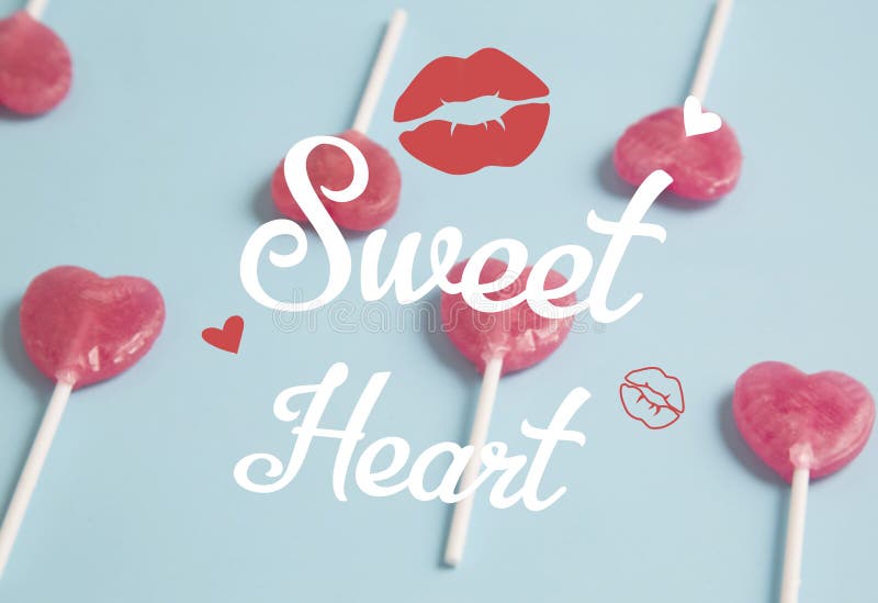 Heart Lollipop on Blue Background.Minimal Concept. Stock Photo Image