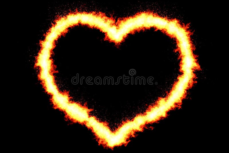 Heart made by burning flames on black background with fire particles, valentine day and love. Concept royalty free stock images