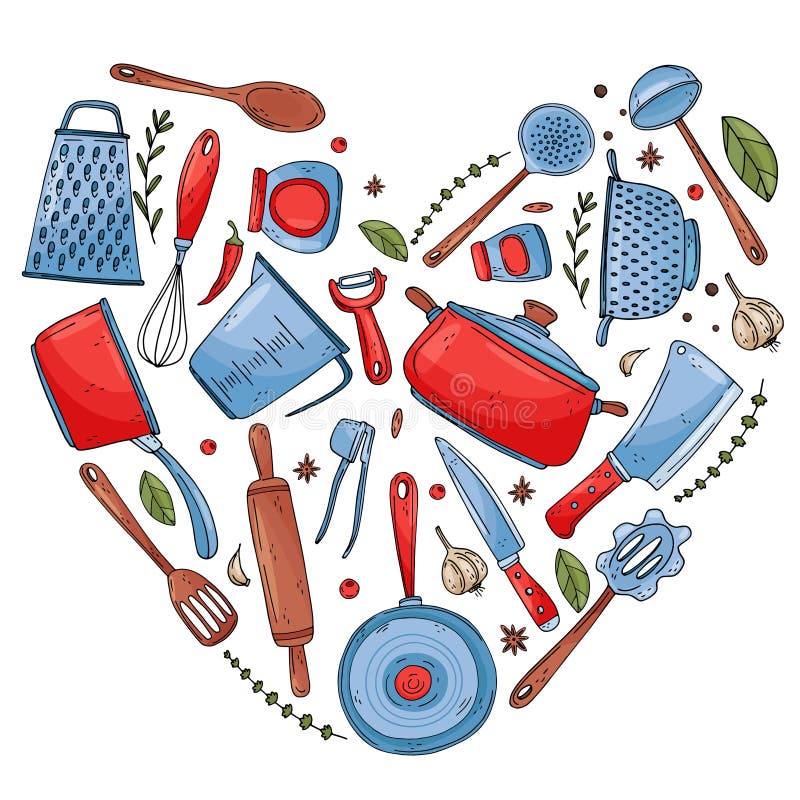 Heart made of elements with hand drawn kitchen tools isolate on a white background royalty free illustration