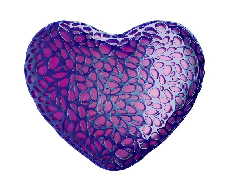 Heart made of purple plastic with abstract holes isolated on white background. 3d rendering