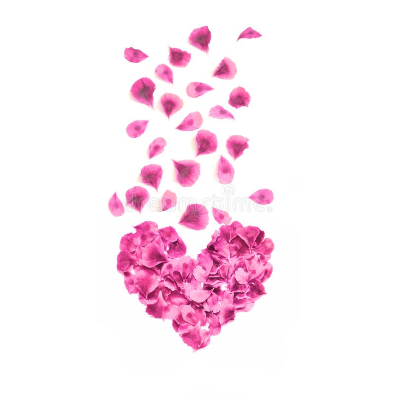 Heart made of rose petals. Red rose petals heart over white background. Top view. Love and romantic theme. royalty free stock photography Heart made of rose petals. Red rose petals heart over white background. Top view. Love and romantic theme. royalty free stock photography
