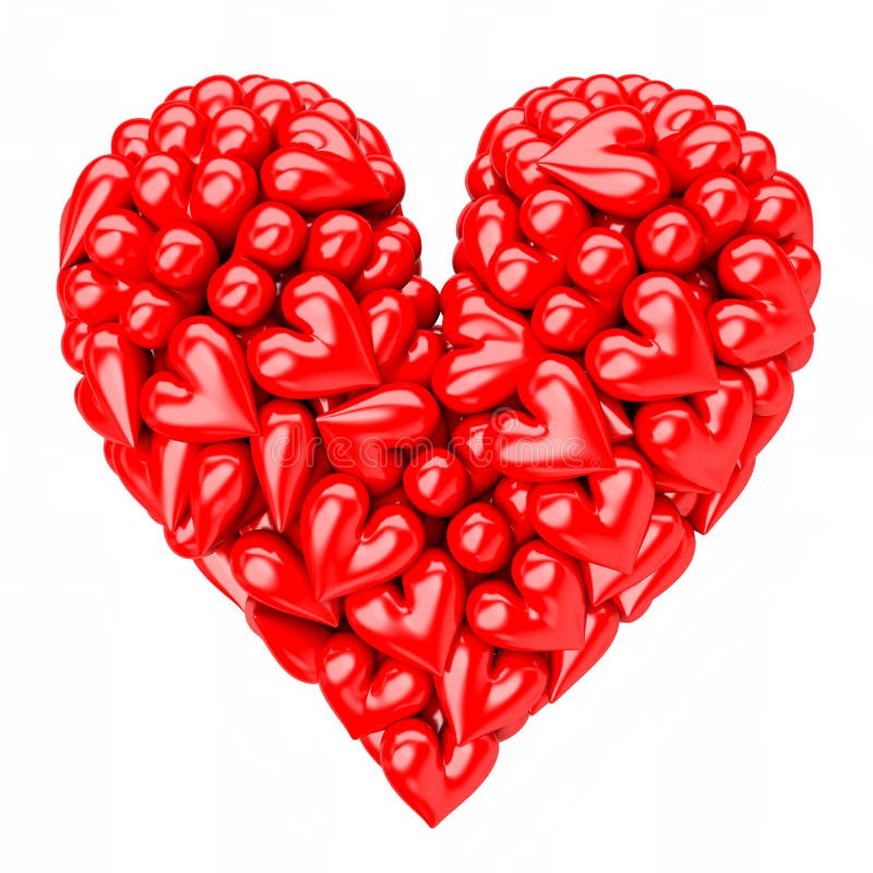 A Heart Made of Small Red Plastic Hearts on White Background Stock