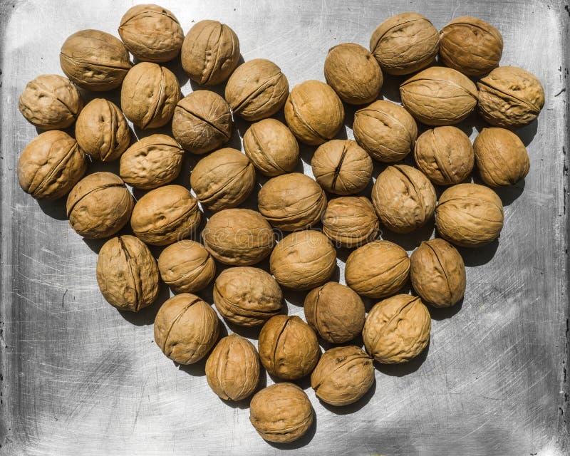 Heart Made of Walnuts on a Background of Aluminum Sheet. Walnut Heart