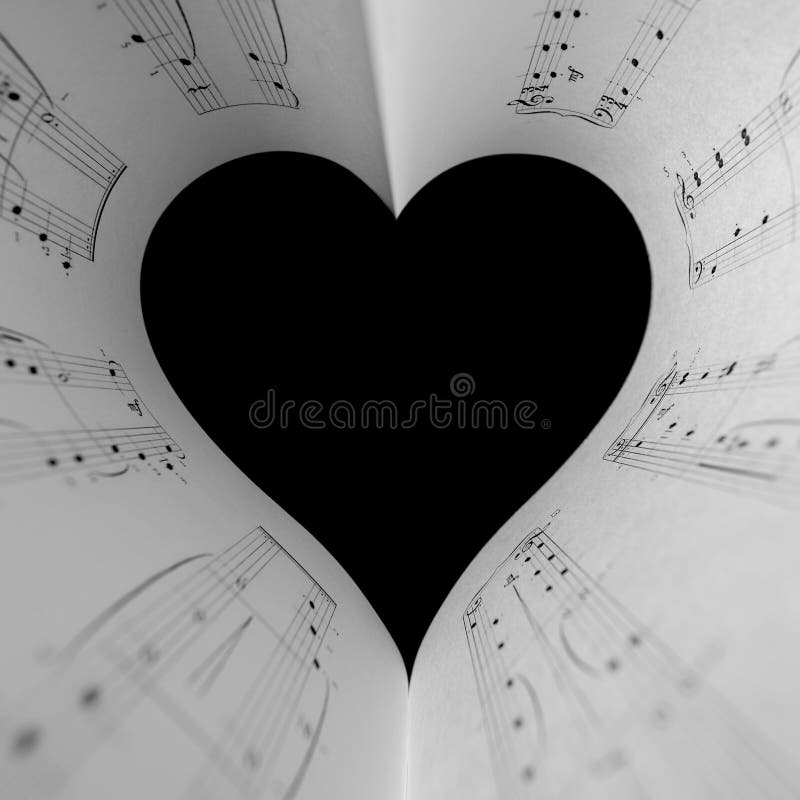 Heart music notes. The black and white concept of the love of music. Foreground soft focus.