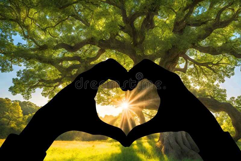 Heart and a peaceful magical ancient tree in a field. stock illustration