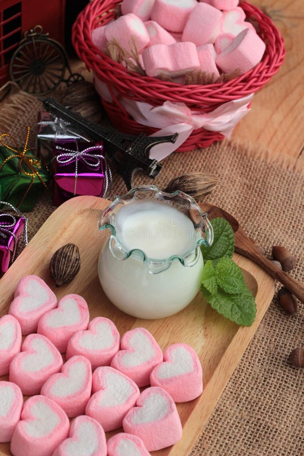 Heart Pink Marshmallow Sweet with Yoghurt Delicious. Stock Image