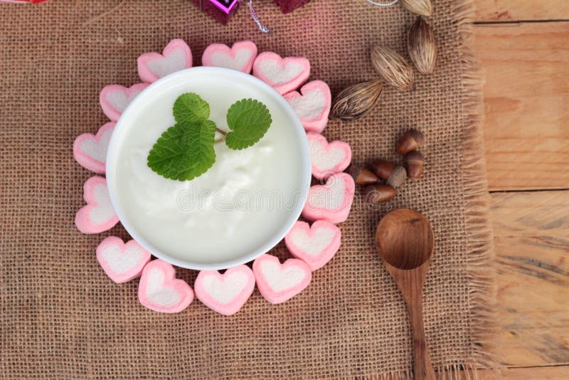 Heart Pink Marshmallow Sweet with Yoghurt Delicious. Stock Image