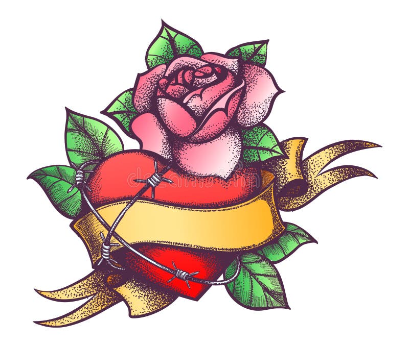 Tattoo Heart in Rose Flowers with Ribbon Stock Vector - Illustration of ...