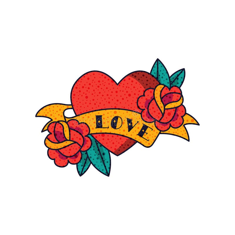 Heart, rose flowers, ribbon and word Love, classic American old school tattoo vector Illustration on a white background