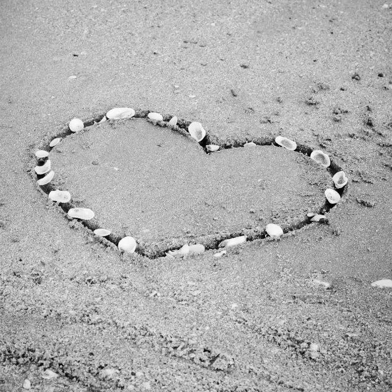 Heart Shape On Sand. Romantic, Black And White Stock Photo - Image of ...