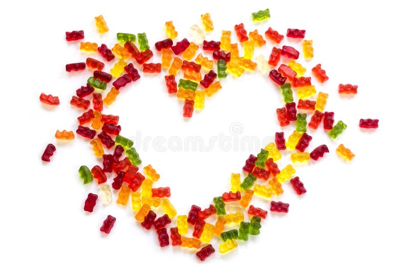 Heart shape made of colorful gummy bears isolated with small shadow on a white background, love concept for birthday, valentines or mothers day. Heart shape made of colorful gummy bears isolated with small shadow on a white background, love concept for birthday, valentines or mothers day