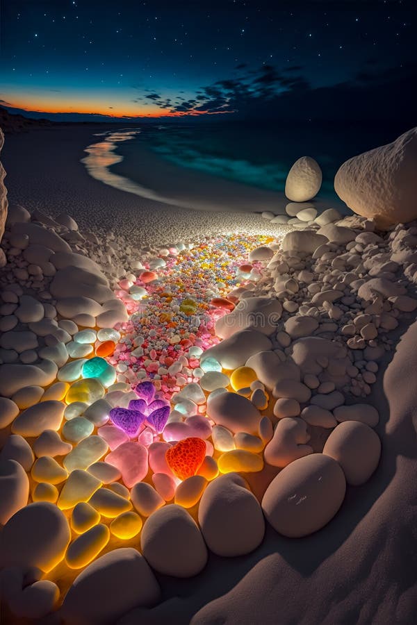 Heart shape made of colorful stones on the beach at sunset. Love concept.  Generative AI