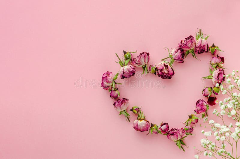 Heart Shape Made with Dried Roses and Decorated with Flowers on Pink  Background. Valentines Day Stock Photo - Image of symbol, valentine:  169332770