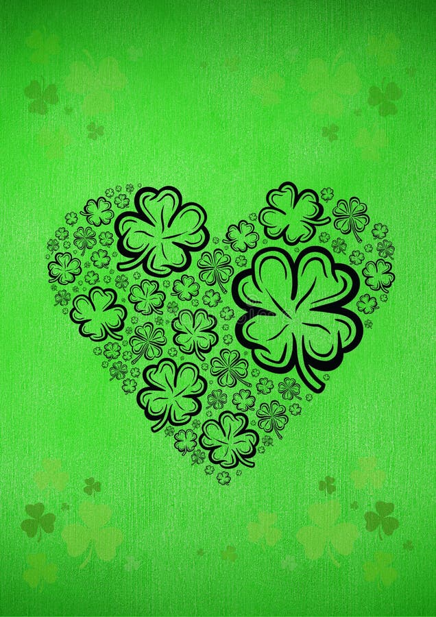 Heart shape with multiple black outlined clover pattern on green background. saint patrick's day celebration concept digitally generated image.