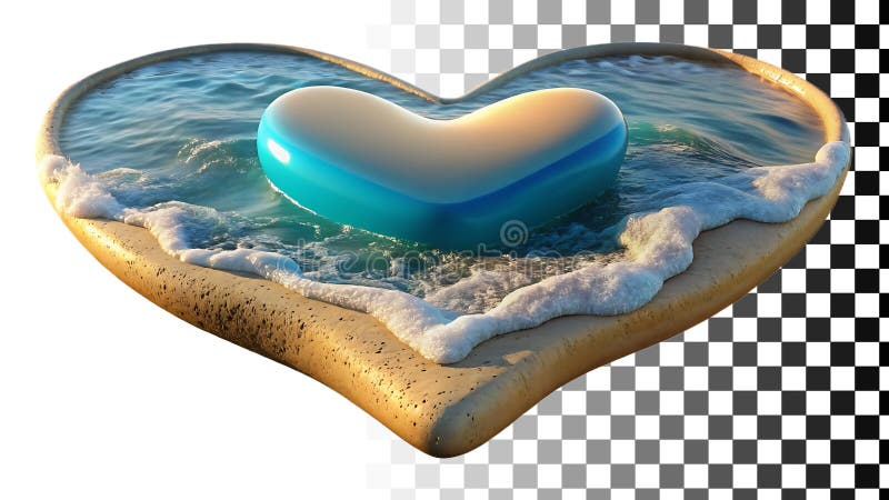 Heart shape sand blue wave beach love ocean summer symbol png transparent image Generative AI vector illustration