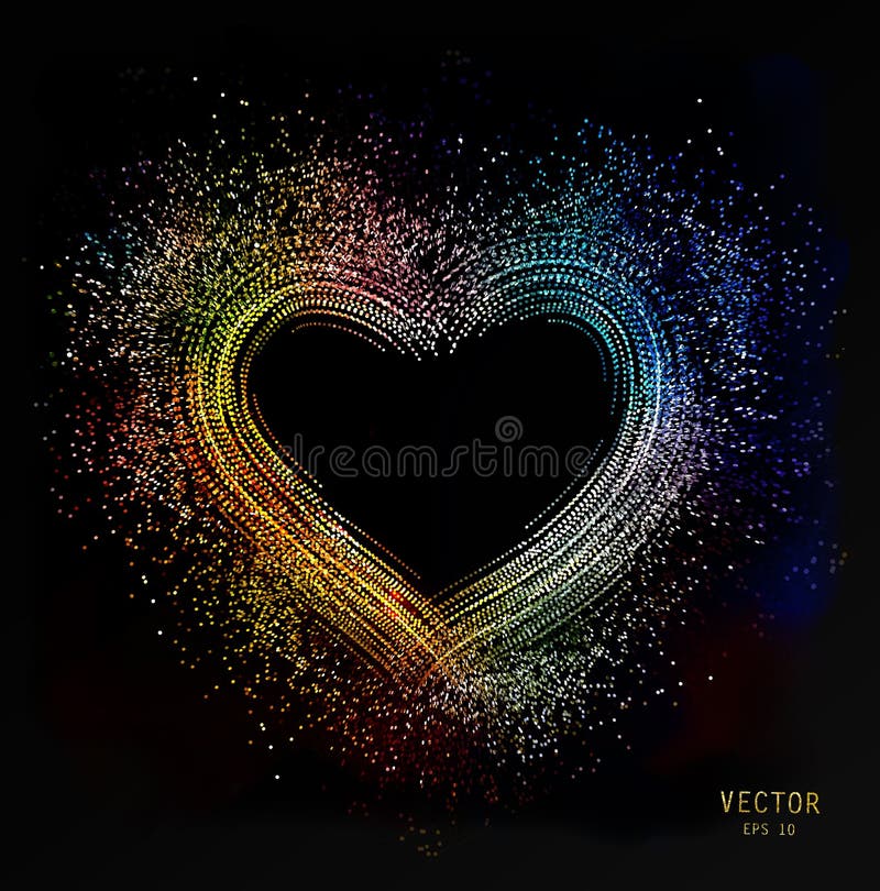 Heart shape vector rainbow color confetti glitter splash with heart frame inside for text. Vector black background, multicolored