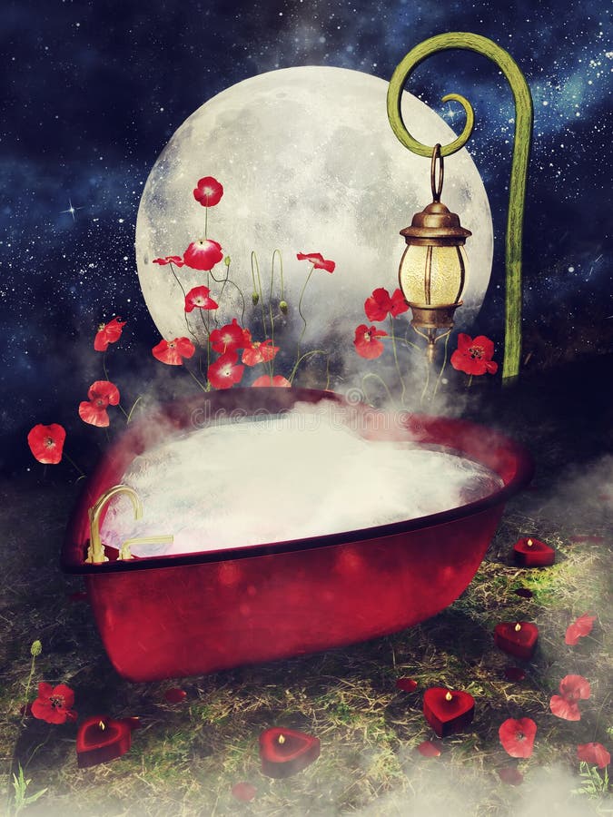 Fantasy heart shaped bathtub with red poppy flowers and a lantern in the garden. Fantasy heart shaped bathtub with red poppy flowers and a lantern in the garden