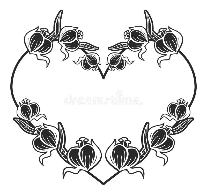Heart-shaped Black and White Frame with Floral Silhouettes. Raster Clip  Art. Stock Illustration - Illustration of clipart, deco: 86419473