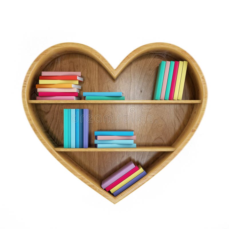 Heart shaped book shelf with colorful books, heart of knowledge, isolated on white stock illustration