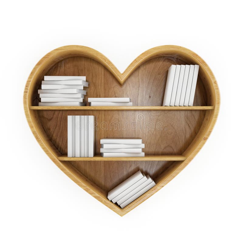 Heart shaped book shelf with white books, heart of knowledge, isolated on white vector illustration