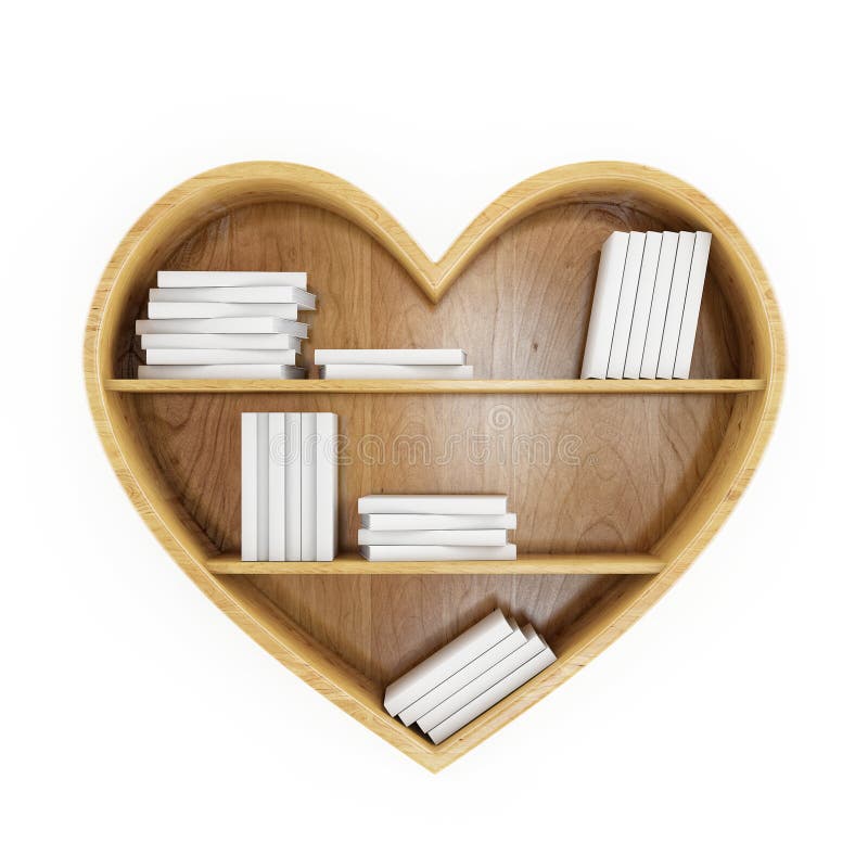 Heart shaped book shelf with white books, heart of knowledge, isolated on white stock illustration