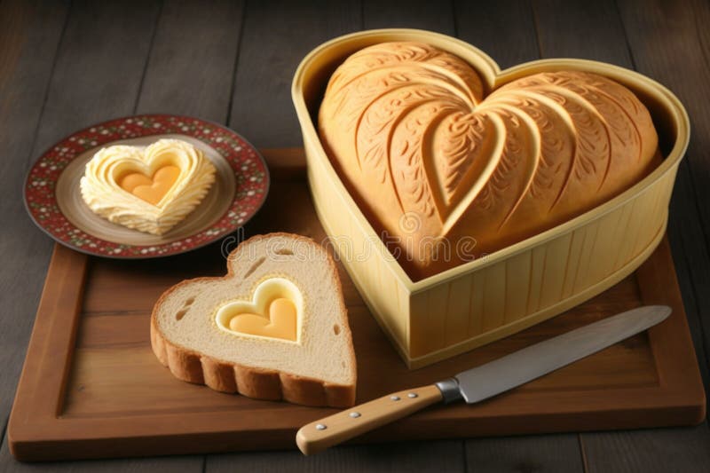 Heartshaped Bread Loaf Sliced and Spread with Creamy Butter Stock