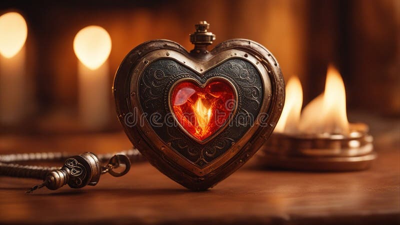 heart shaped candle _A steampunk heart on fire. The heart is a magical artifact that is activated by a wooden wand. ai generated