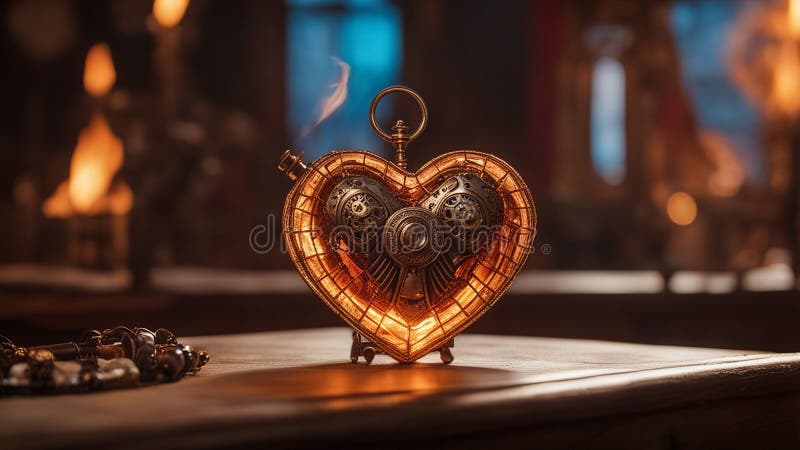 heart shaped candle _A steampunk heart on fire. The heart is a magical artifact that is activated by a wooden wand. ai generated