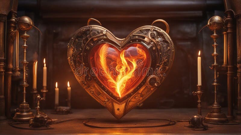 heart shaped candles _A steampunk heart on fire. The heart is a magical artifact that is activated by a wooden wand. ai generated