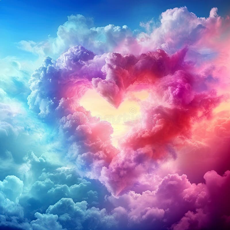 Heart shaped cloud in the blue sky. Symbol of love. Valentine&x27;s day background.