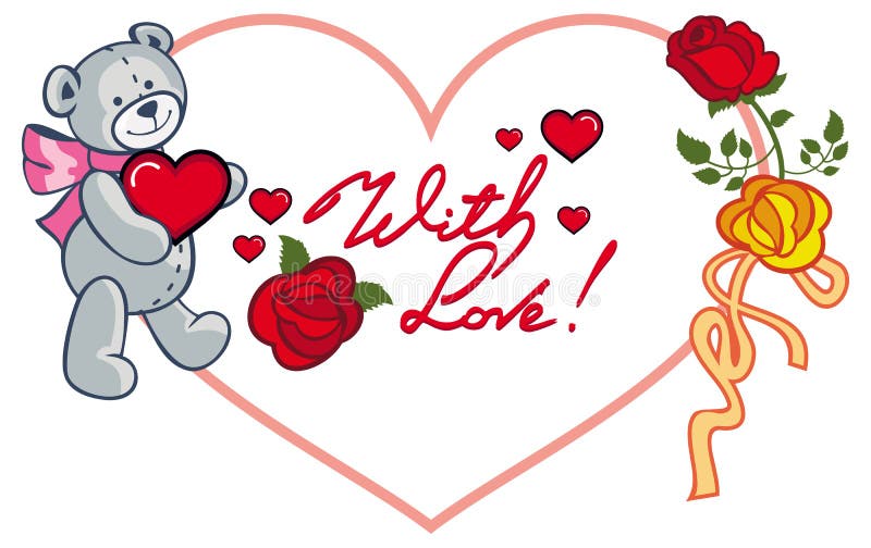 Heart-shaped frame with roses and teddy bear holding heart. Raster clip art.