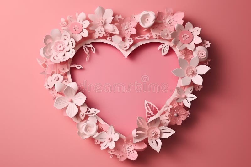 Heart Shaped Frame Surrounded by Flowers on Pink Surface, Handmade