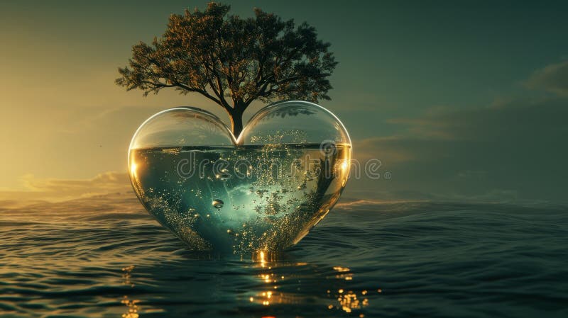 Heart-shaped glass with vibrant tree over water stock photography