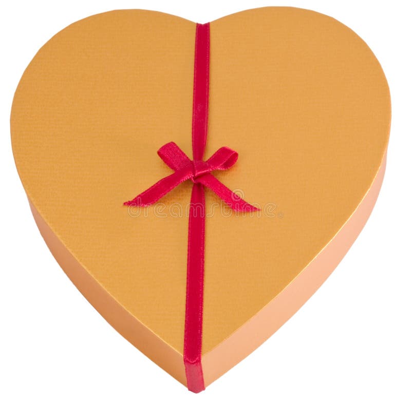 Heart shaped golden chocolate box with ribbon