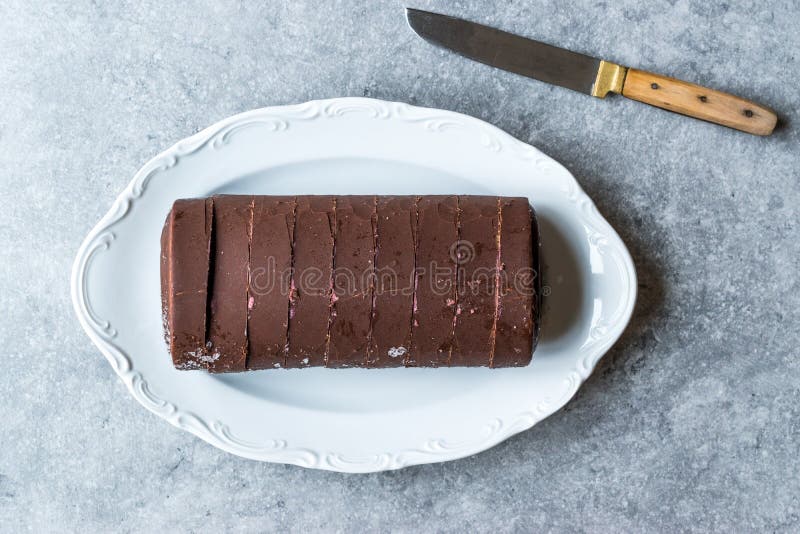 Heart Shaped Ice Cream Roll Cake with Vanilla and Chocolate. stock image