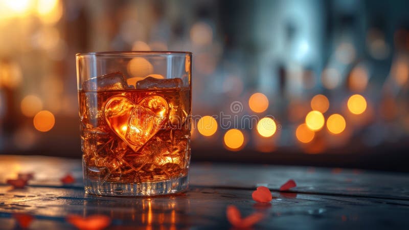 Heart shaped ice in a glass of whiskey on a table with lights bokeh in the background. Generative AI. Bokeh whiskey stock images, royalty-free photos and pictures