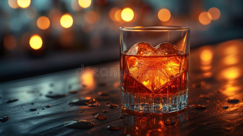 Heart shaped ice in a glass of whiskey on a table with lights bokeh in the background. Generative AI. Bokeh whiskey stock images, royalty-free photos and pictures