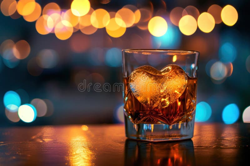 Heart shaped ice in a glass of whiskey on a table with lights bokeh in the background. Generative AI. Bokeh whiskey stock images, royalty-free photos and pictures