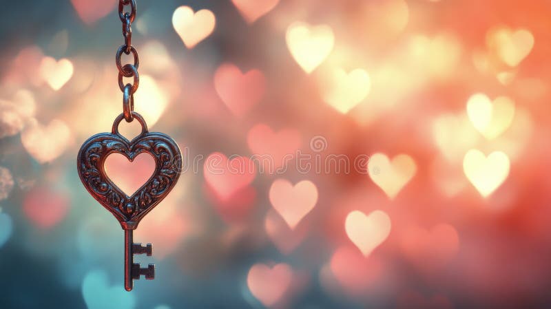 Heart shaped key hangs against a colorful backdrop of blurred hearts during evening hours. A heart shaped key dangles from a chain, contrasting against a soft, colorful background filled with blurred heart shapes. The warm colors create a romantic atmosphere AI generated