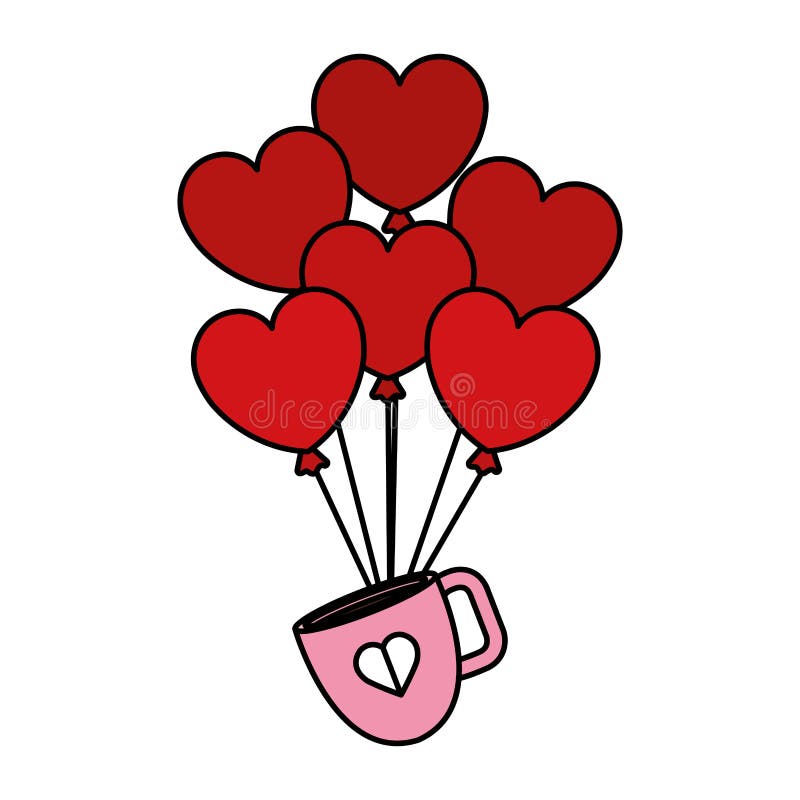 Heart Shaped Party Balloons with Coffee Cup Stock Vector Illustration