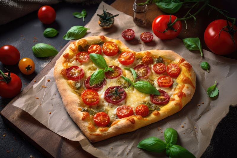 Heart-shaped Pizza with Fresh Basil, Garlic and Cherry Tomatoes Stock ...