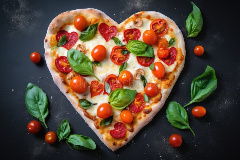 Heartshaped Pizza with Fresh Basil, Mozzarella, and Cherry Tomatoes