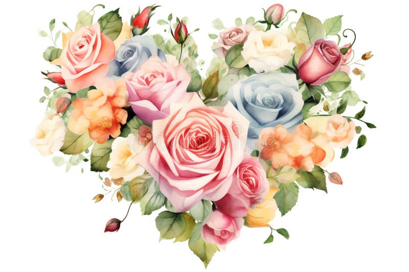 Heart shaped rose bouquet, romantic heart vignette made of vintage flowers and leaves of roses in gentle retro styl. Generative AI