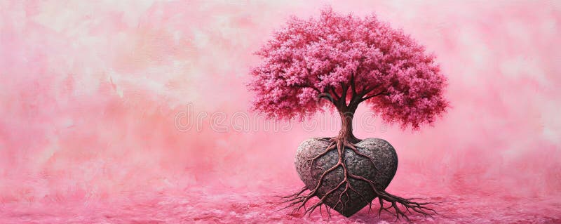 Heart-shaped tree with pink leaves and roots in surreal landscape stock photos