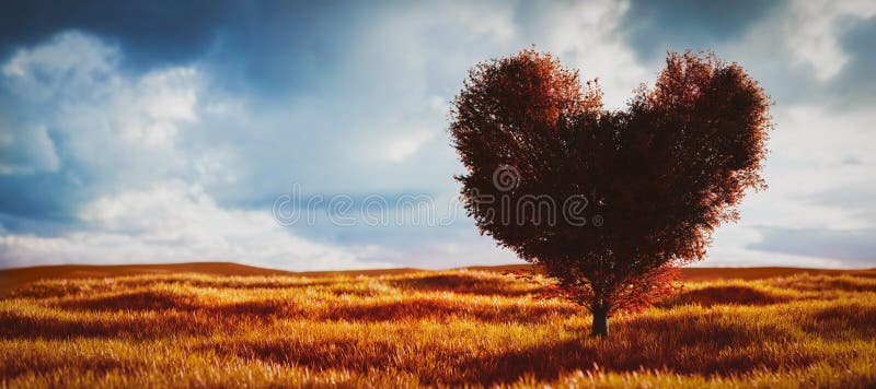 Heart shaped tree with red leaves on field. Concepts of love, Valentine`s day
