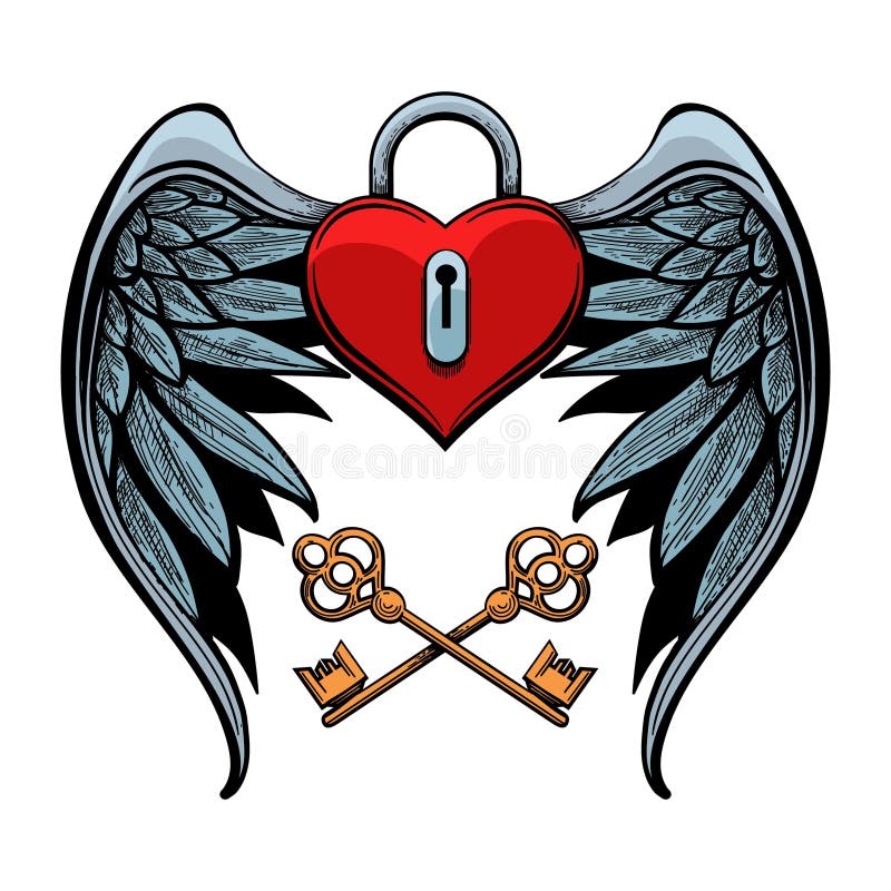 Heart shaped winged padlock vector illustration