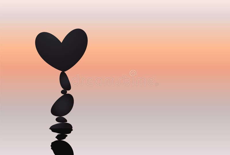 Heart and stone balancing, rock stacking, love symbol naturally balanced on top. Silhouettes with reflection on water