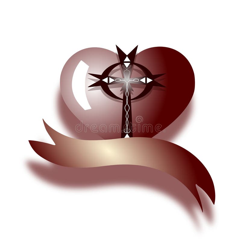 Heart tattoo with scroll and cross, colors, religion, isolated.