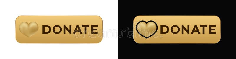 Golden heart-shaped donate button with two variants for online fundraising and charitable causes vector illustration